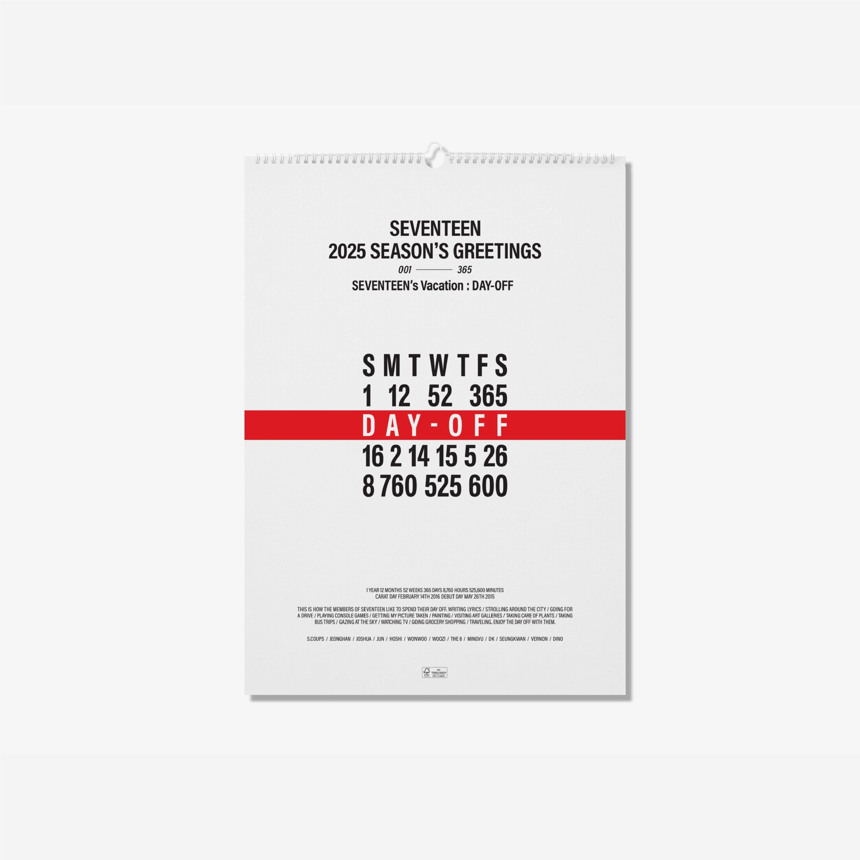 SEVENTEEN - 2025 WALL CALENDAR (SEVENTEEN'S VACATION : DAY-OFF) Nolae